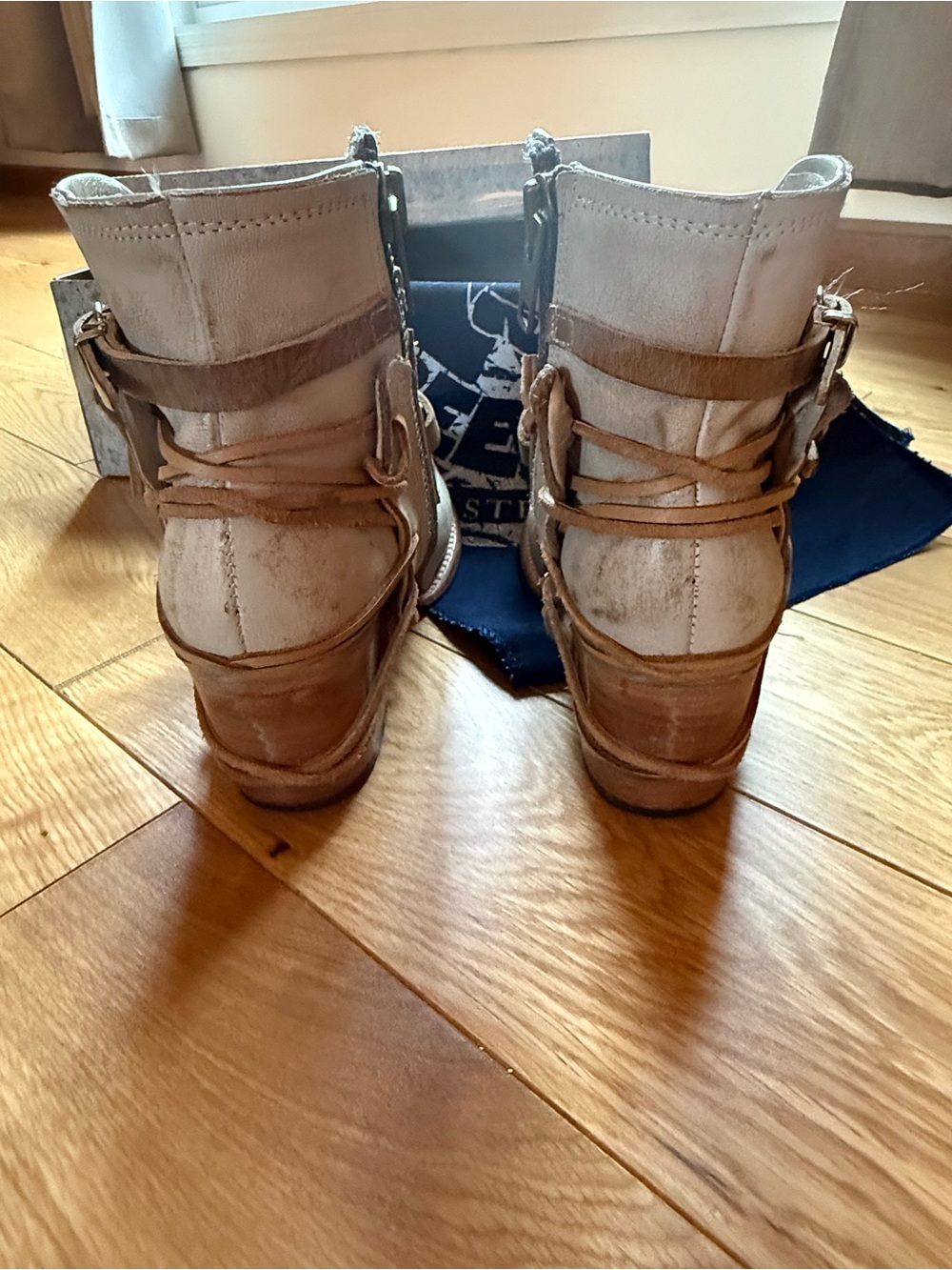 Freebird CRUE Strappy Ice Cream Leather Ankle Boots with Tan Strap Accents - Picture 11 of 14